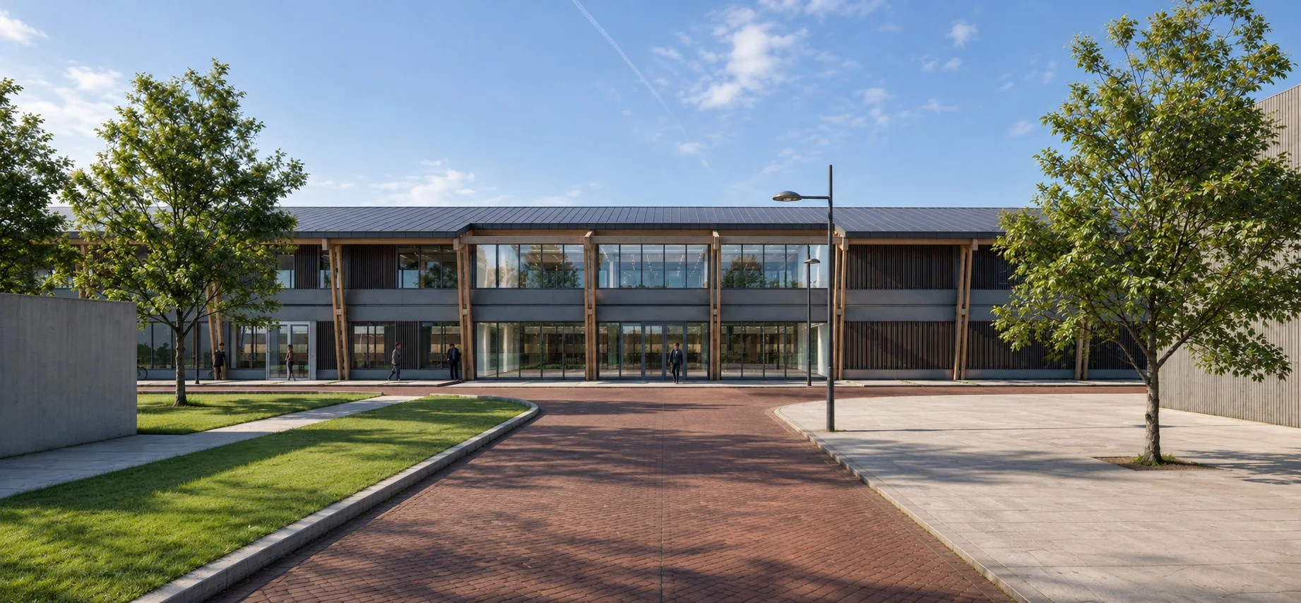 Ontwerp van de entree en houten constructie van Gebouw Q